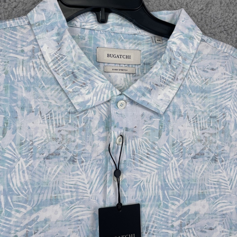 Bugatchi Mens Polo Shirt XXL White Turquoise OoohCotton 8-Way Stretch Floral